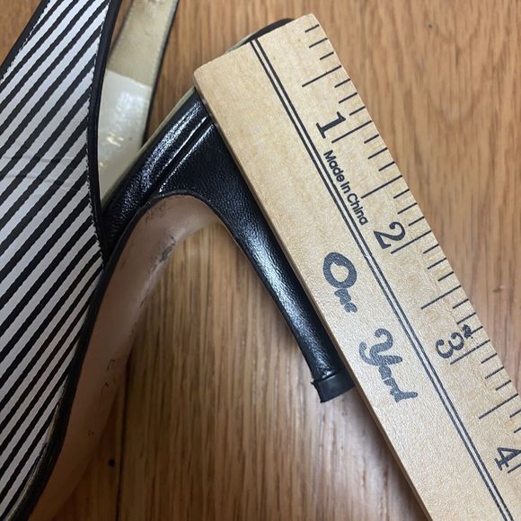 Bally Pom Pom Peep Toe Heels Black White Stripe Slingback, Size 6. 3” Heel‎ - Picture 12 of 13